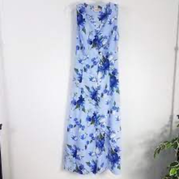 Expressions Women's Blue Floral V Neck Sleeveless Tie Waist Maxi Dress - Picture 1 of 9